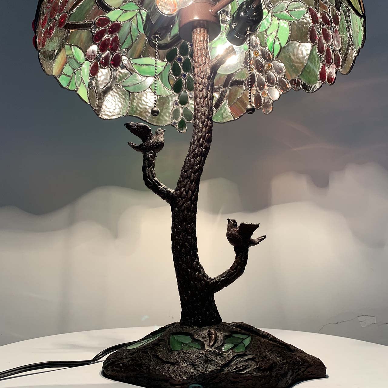 Bieye L10765 Grape Tiffany Style Stained Glass Table Lamp with Tree Trunk Mosaic Base for Living Room Bedside Home Decoration, 24-inches Tall