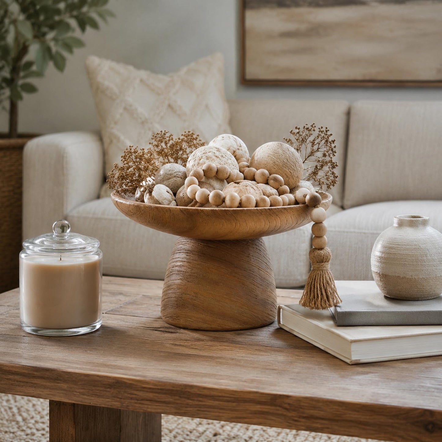 Braxio Faux Wood Decorative Bowl - Resin Pedestal Wood Grain Catchall Bowl for Entryway Keys, Coffee Table Decor, Living Room Centerpiece, Housewarming Gift 8.5 x 8.5 x 4.8 Inch