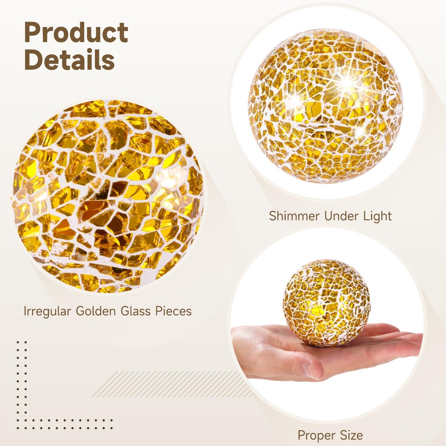 Calolin 6 PCS Golden Mosaic Glass Balls, 3.1 in Decorative Orbs Sphere Balls for Bowls, Vases, Table Centerpieces, Shiny Mosaic Decorative Balls for Living Room, Dining Table, Party Home Decor