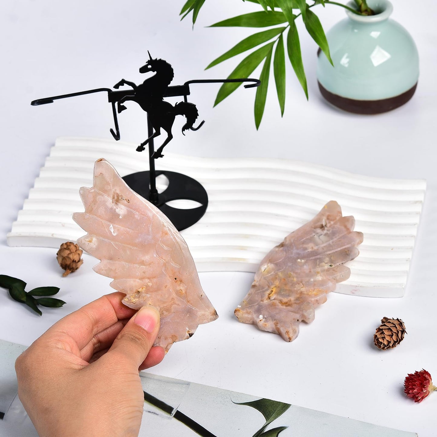 JIC Gem Large Sakura Agate Quartz Crystal Carved Wings with Unicorn Stand Healing Crystal Energy Gemstone Decoration Gifts(1pair)