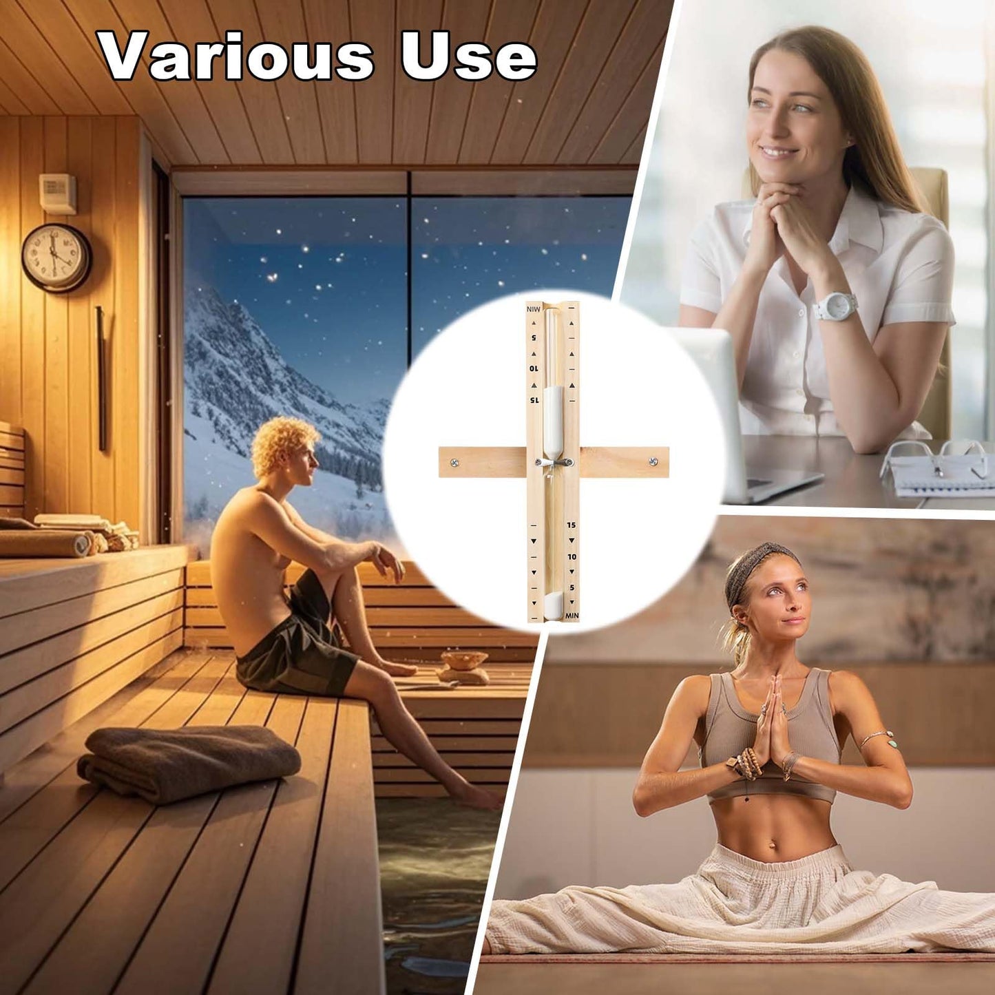 Sauna Sand Timer 15 Minute, Heat Resistant Wooden Sauna Hourglass with White Sand, Reloj De Arena, 15M Rotating Sand Clock Hour Glass Timer for SPA