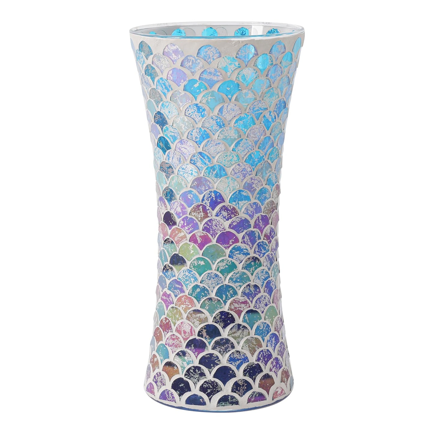 Adedeo Mosaic Glass Flower Vase for Home Decor, Large Handmade Glass Vases for Living Room, Kitchen, Wedding, Office (Fan Shape Golden Blue, 5 * 11.8 Inch)