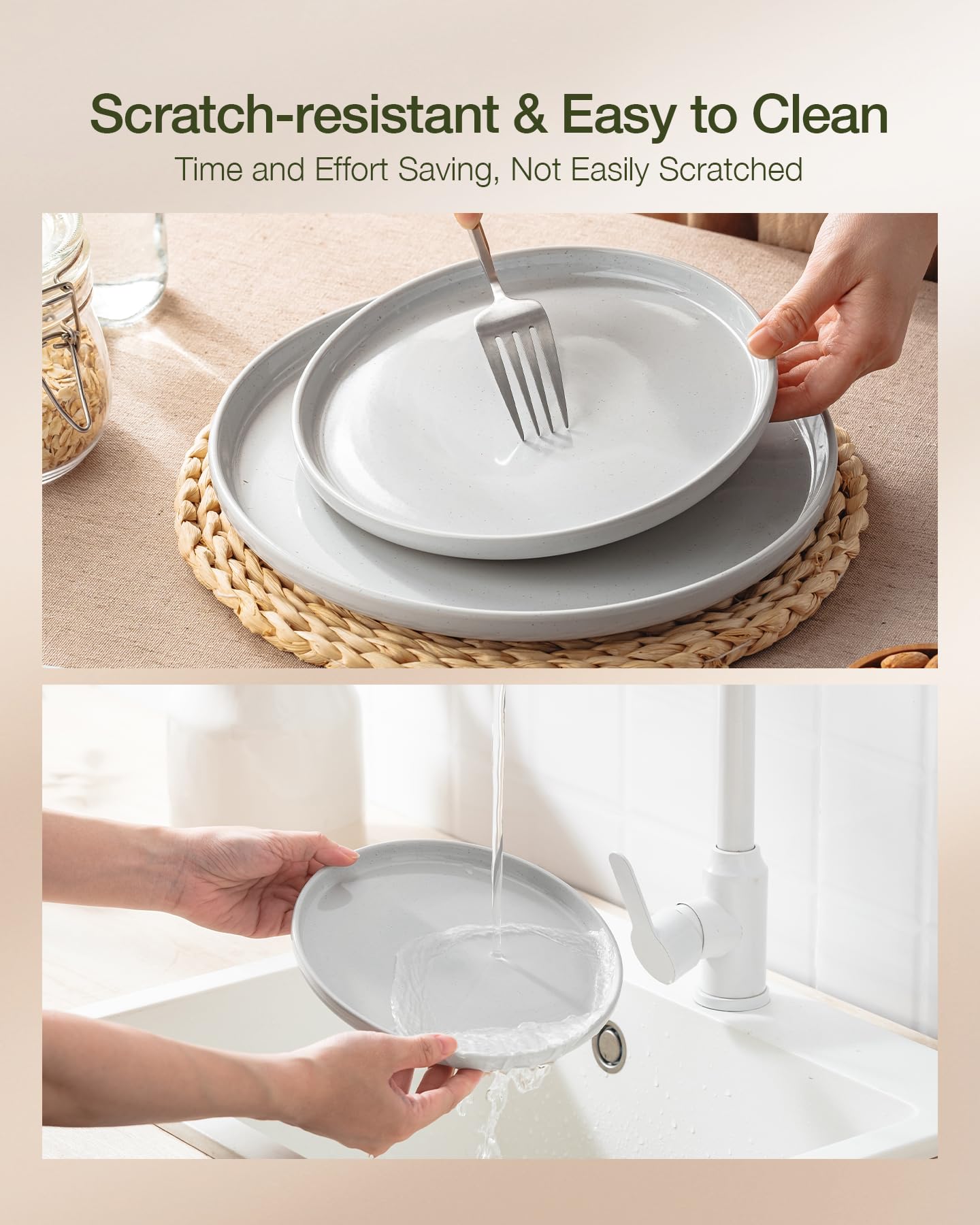 Famiware Milkyway Stoneware Dinnerware Sets with Pasta Bowls, Service for 4 (16 Pieces), Plates and Bowls Sets -Scratch Resistant, Microwave and Dishwasher Safe Dishes Set, Light Gray