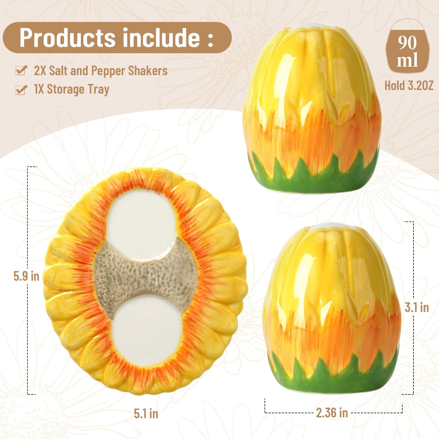 Hand-Painted Sunflower Ceramic Salt and Pepper Shaker Set - Farmhouse Kitchen Decor,Includes Storage Tray, Perfect Housewarming & Hostess,Birthday Gift