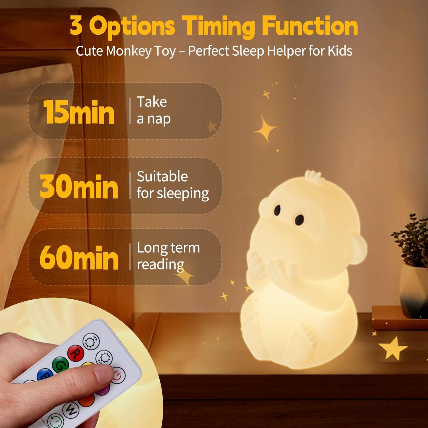 GAGBC Monkey Night Light for Kids, Remote & Tap Control, Color Change, 15/30/60 Min Timer, Dimmble, USB-C Rechargeable Squishy Night Light, Cute Night Lamp for Boys, Girls (Monkey)