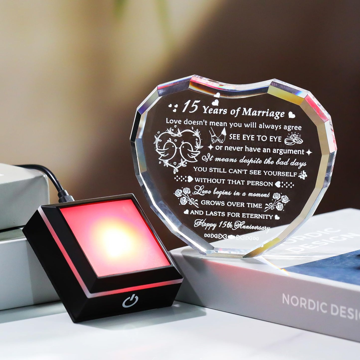 Arikyrist 15th Wedding Anniversary Crystal Heart Gifts for Couple, Laser Engraved Happy 15th Anniversary Crystal Gifts for Wife Husband, Romantic 15 Years of Marriage Gift for Him Her Friends
