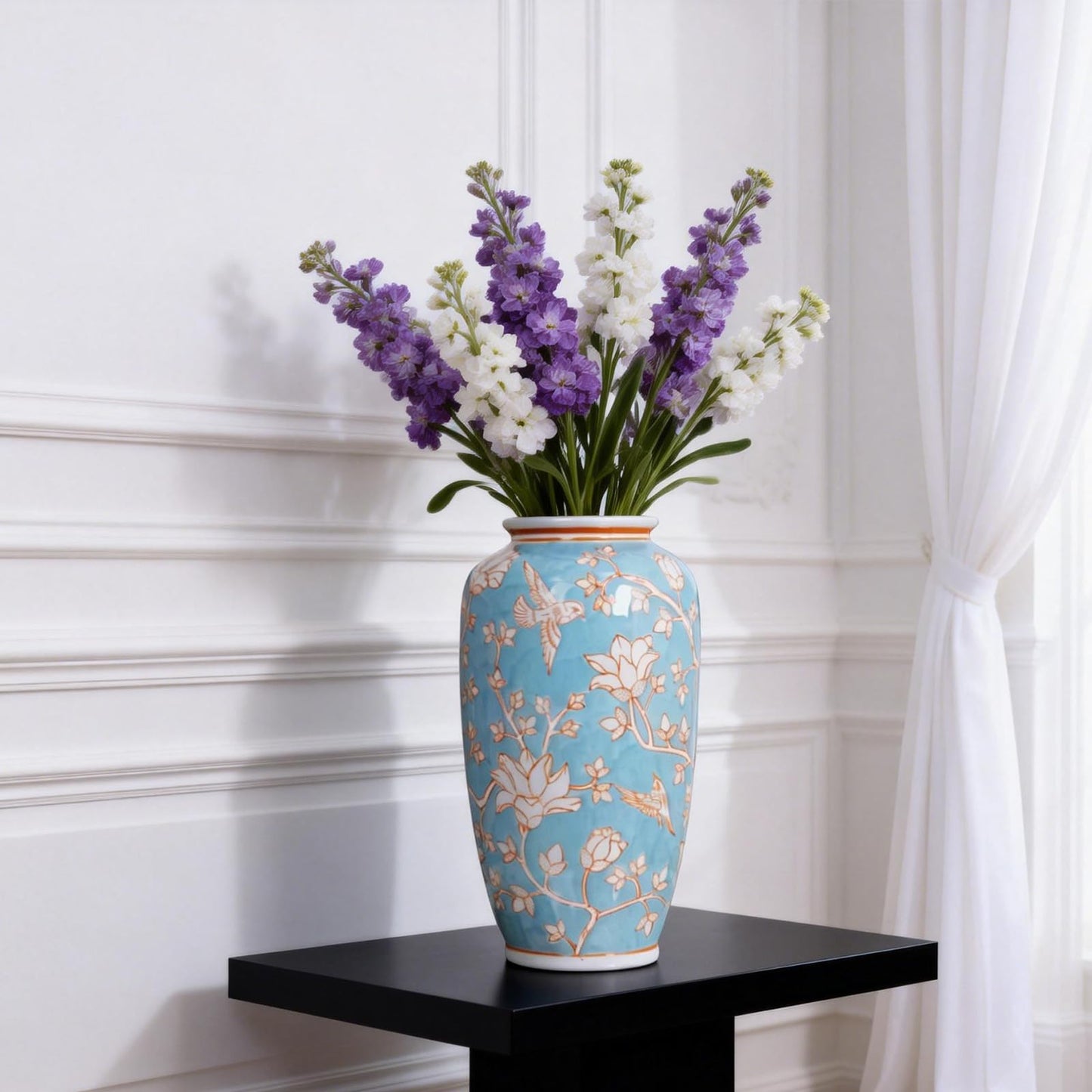Blue and White Chinoiserie Ceramic Vase, 14 Inch Chinese Style Hand Painted Flower & Bird Art Decor Vase Antique Floral Vase for Living Room, Farmhouse, Table Centerpiece