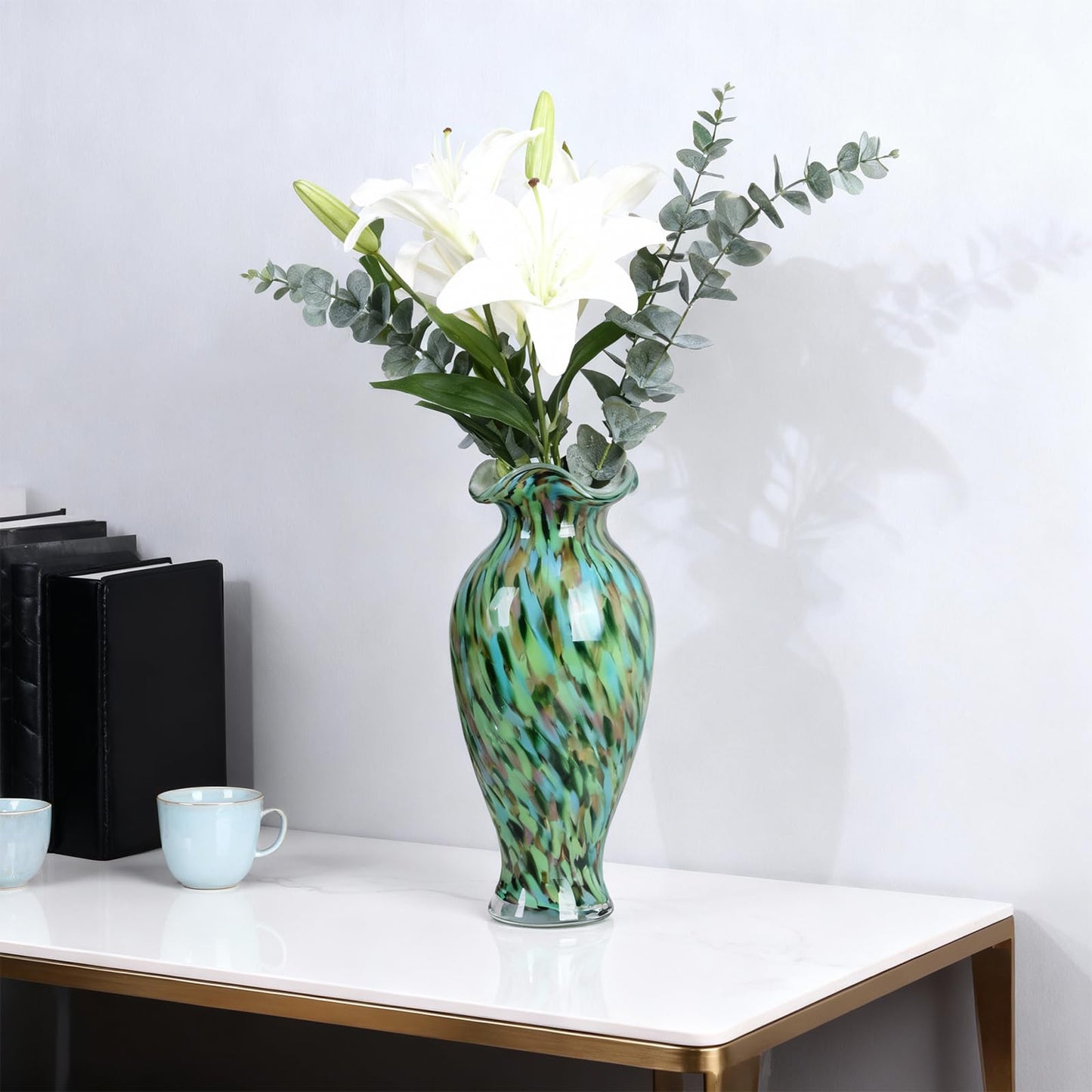 Hand-Blown Decorative Green Glass vase, Unique Green Glass vase, Modern Art Home Decor, Perfect as a Centerpiece for Living Room Dining Tables, Display on TV cabinets, or Wedding Floral Arrangements.
