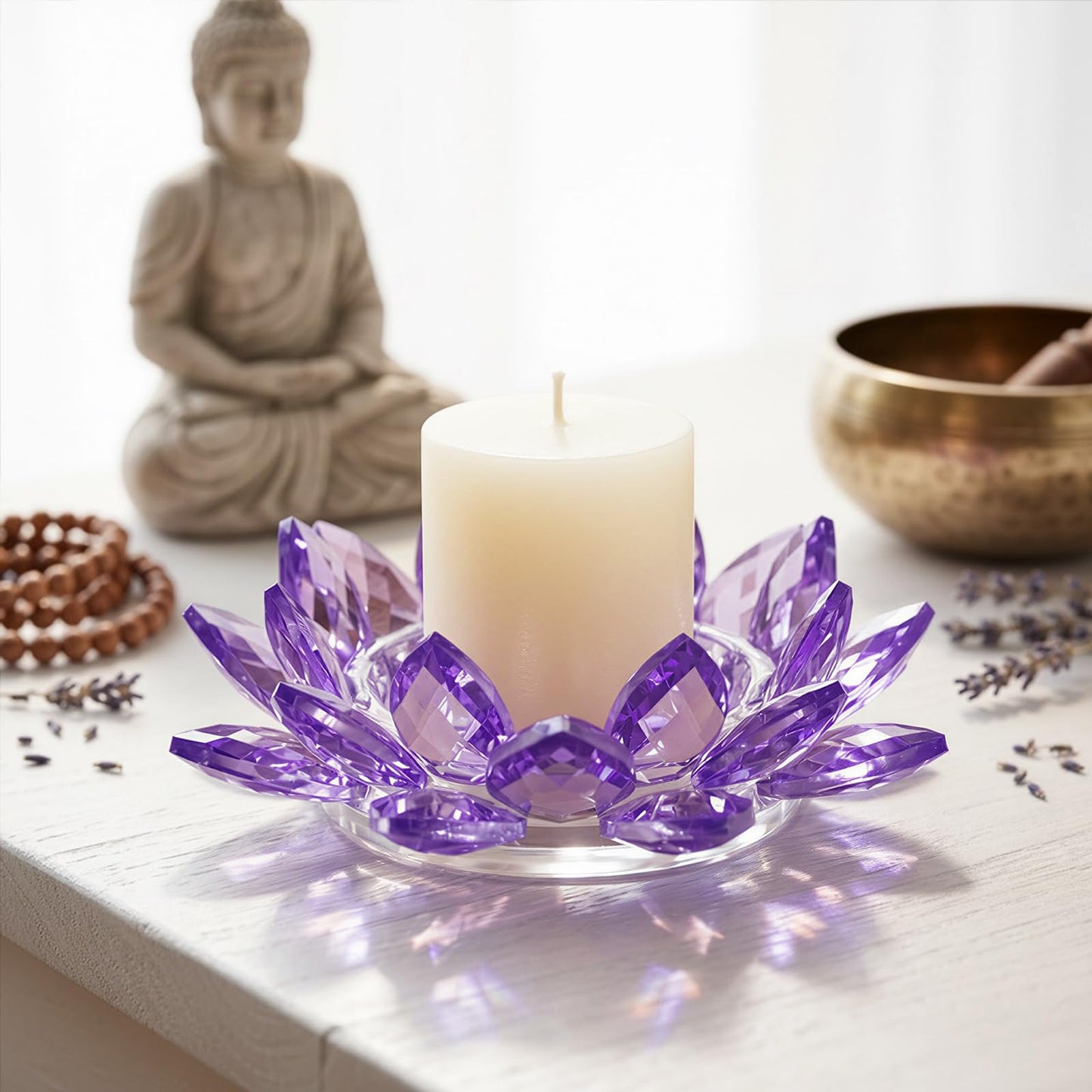 Large Crystal Lotus Tealight Candle Holder for Up to 6" Diameter Pillar Candle Plate Candlestick,Chunky Glass Votive Stand for Wedding, Party, Table Centerpiece Decor and Yoga Meditation (1, Purple)