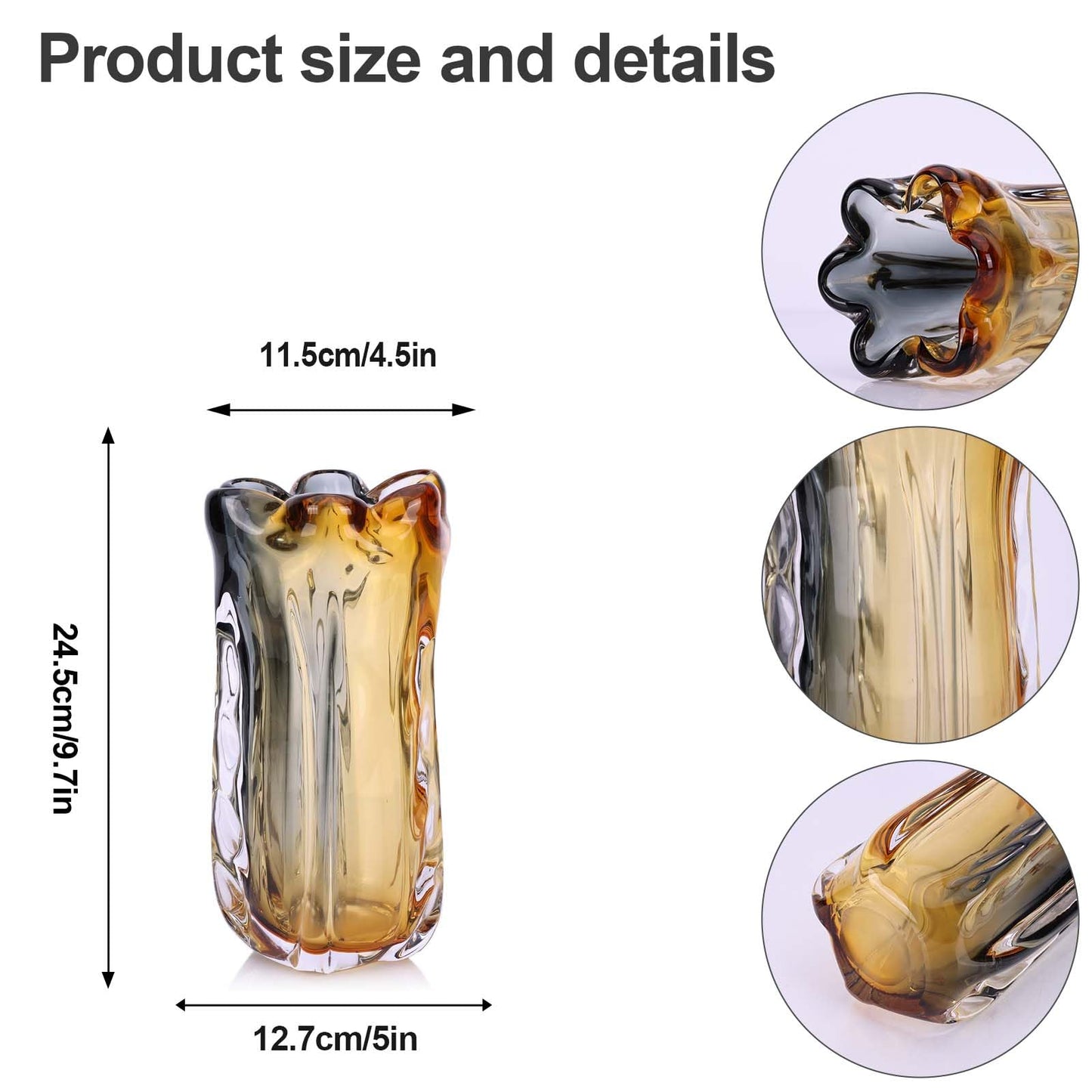 Amber Wide Mouth Vase for Flowers, Decorative Vases for Home Decor, Hand-Blown Murano Art Glass, Modern Art Deco Cut Glass,High-End Unique Designer Centerpiece,Living Room Table Shelf, Plants(Amber,M)