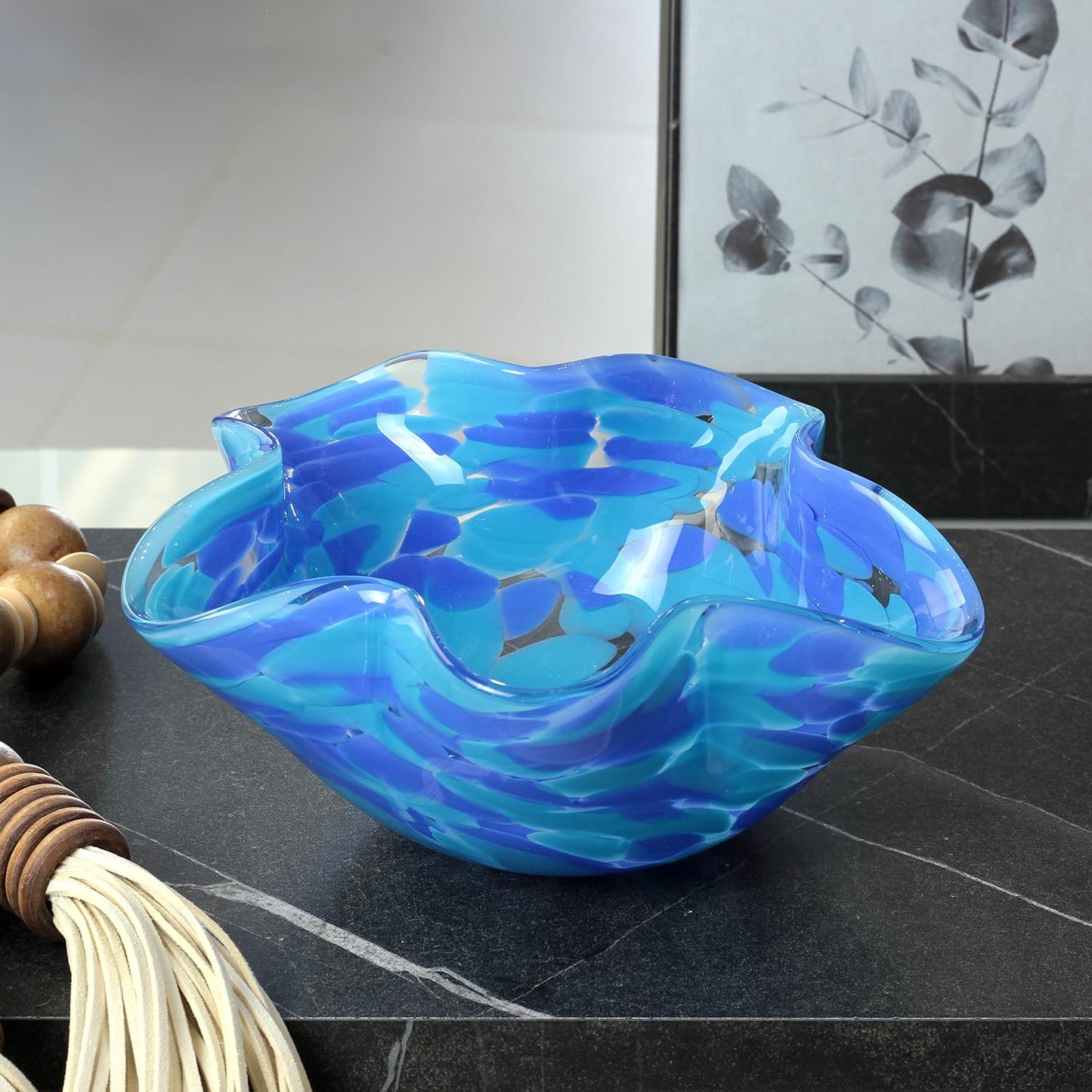 Ca D Oro Blue Glass Vase and Small Waved Bowl Confetti Effect Hand Blown Murano Style Art Glass for Flowers, Room Decoration and Centerpiece Bundle