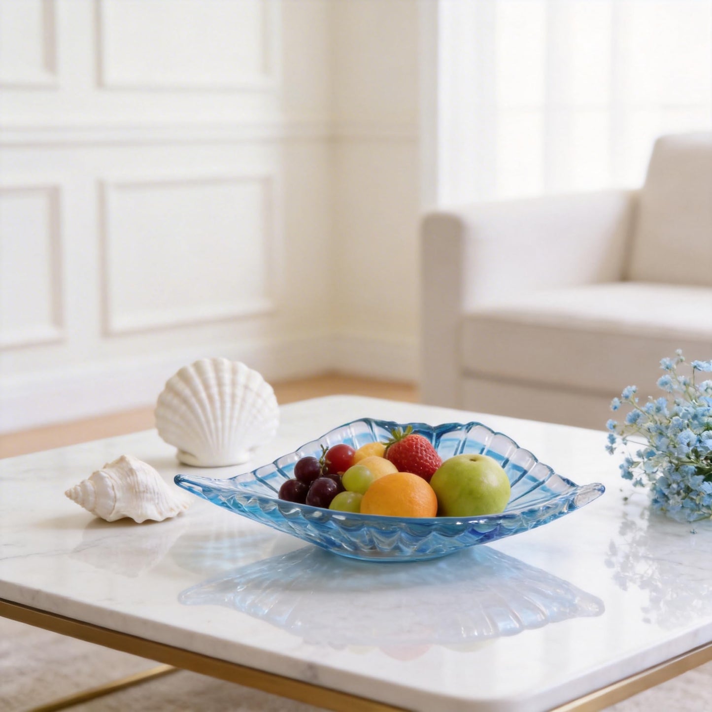 DOVDOV Hand blown decorative glass bowls, Blue large glass fruit bowls, and serving platters perfect for display on coffee tables, dining tables, kitchen countertops, TV stands, and entryway shelves.