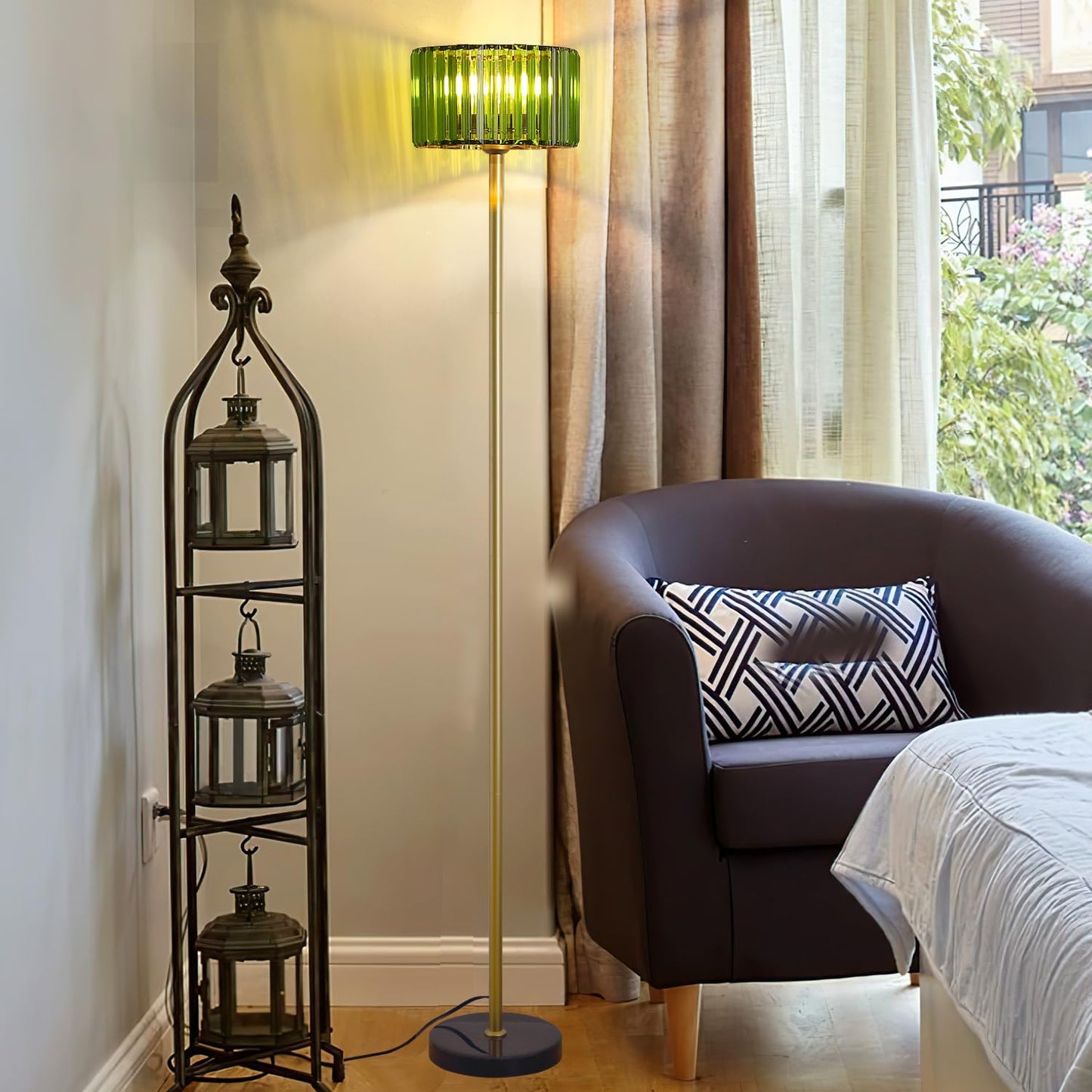 Asmymhd Modern Crystal Floor Lamp, Gold Standing Light with Green Crystal Shade, Mid Century Pole Lamp for Living Room, Bedroom, Corner Office (Gold and Green)