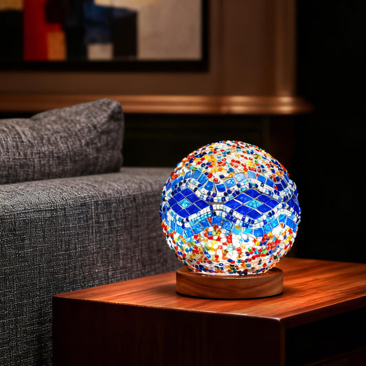 wpdash Vintage Turkish Table Lamp Mosaic Glass Light with Wooden Base 5V USB Power Tiffany Bedside Lamps for Living Room Decoration Meditation and Prayer Lighting (Baroque A - Blue, Baroque)