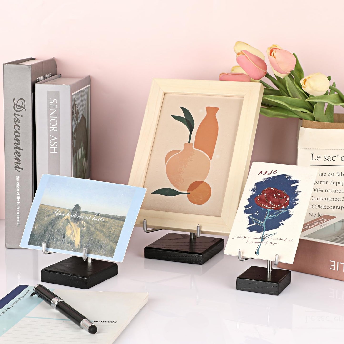 Hipiwe Adjustable Stainless Steel Arm Display Stand Easel with Wooden Base Rocks Crystal Display Easel Holder for Mineral Agate Gemstones Fossils Coral Geodes Plate and Photo, 3.1"x3.1"x4.9"