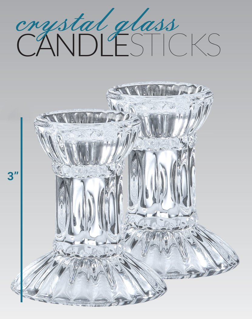 Ner Mitzvah Crystal Candle Holder Set of 2 - Crystal Glass 3" Tall Candlestick Holders for Taper Candles