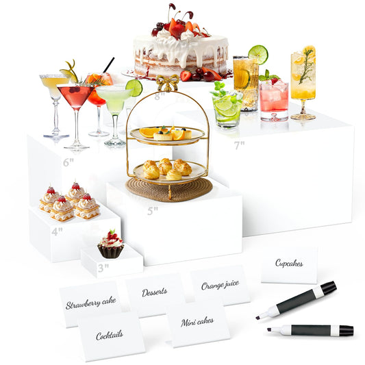 6 Pcs Buffet Risers with Mini Sign and Maker, Food Risers Display Stands for Buffet Table Party Catering Dessert Jewelry Collectibles, Nesting Cube Boxes with Hollow Bottoms (8",7",6",5",4",3")