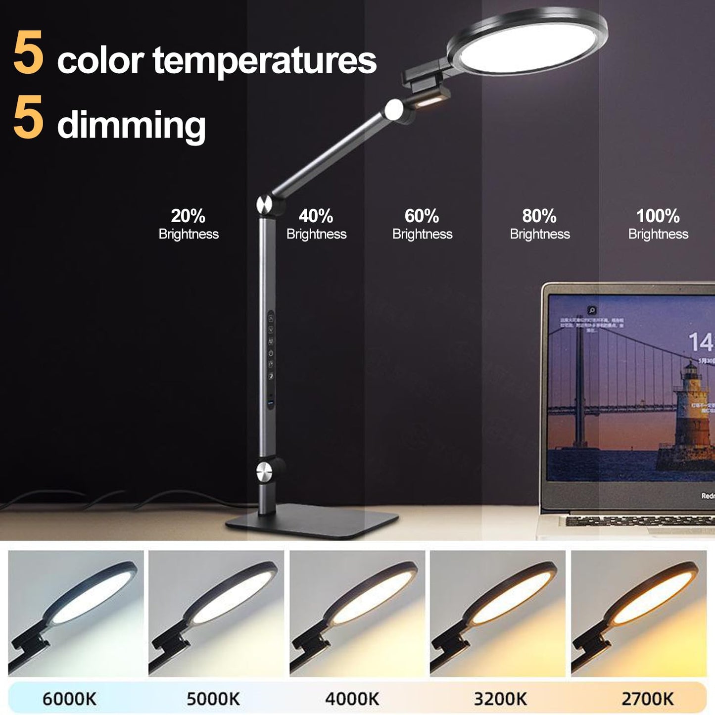 Soluneve LED Desk Lamp for Home Office with Full Spectrums Eye Care, 5 Color Color 5 Brightness, 4-Axis Flexible Rotation, Dual Output Charging, Memory & Timer Func, Desk Lamps with Small Night Light