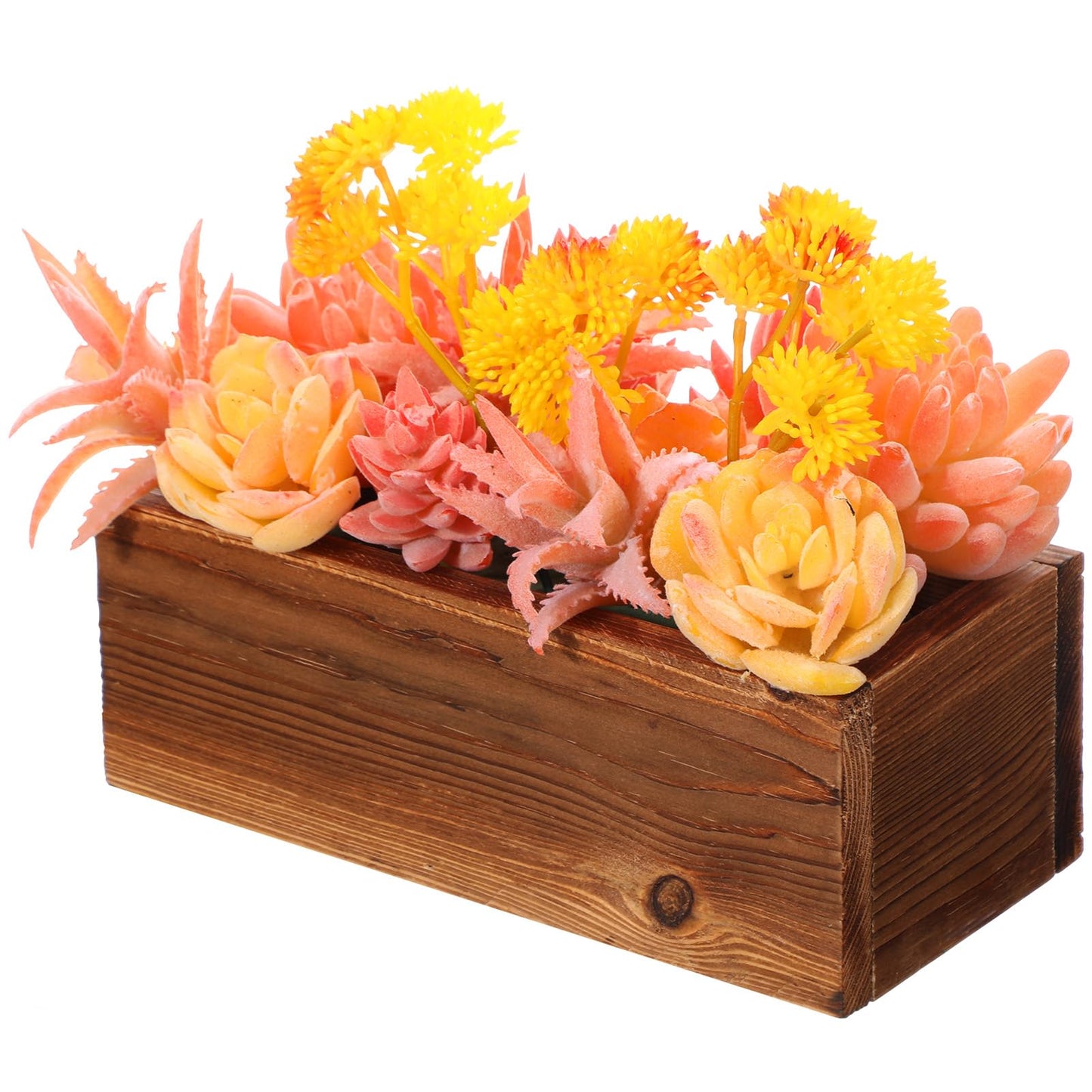 Solsew Assorted Artificial Succulent Arrangement Plants in Rustic Burnt Wood Rectangular Planter Box Faux Succulent Centerpiece for Table Home Garden Windowsill Greenery Decor(Yellow,Spark Style)