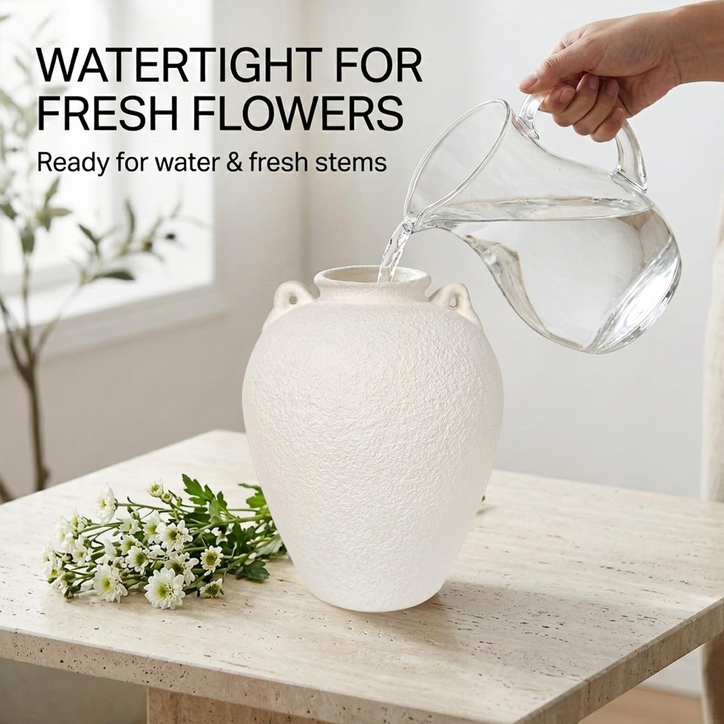 LKKMINIEN 8.7" White Ceramic Vase with Handles, Textured Stone Decor