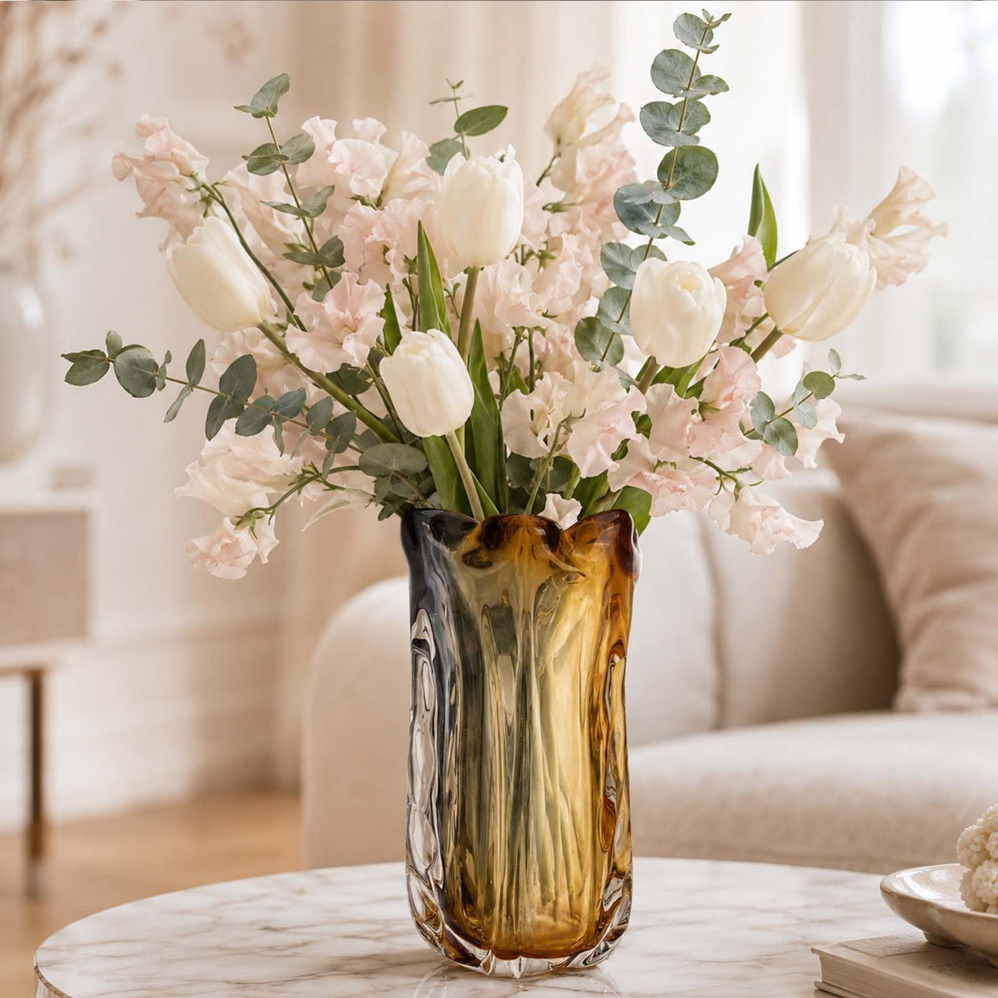 Amber Wide Mouth Vase for Flowers, Decorative Vases for Home Decor, Hand-Blown Murano Art Glass, Modern Art Deco Cut Glass,High-End Unique Designer Centerpiece,Living Room Table Shelf, Plants(Amber,M)