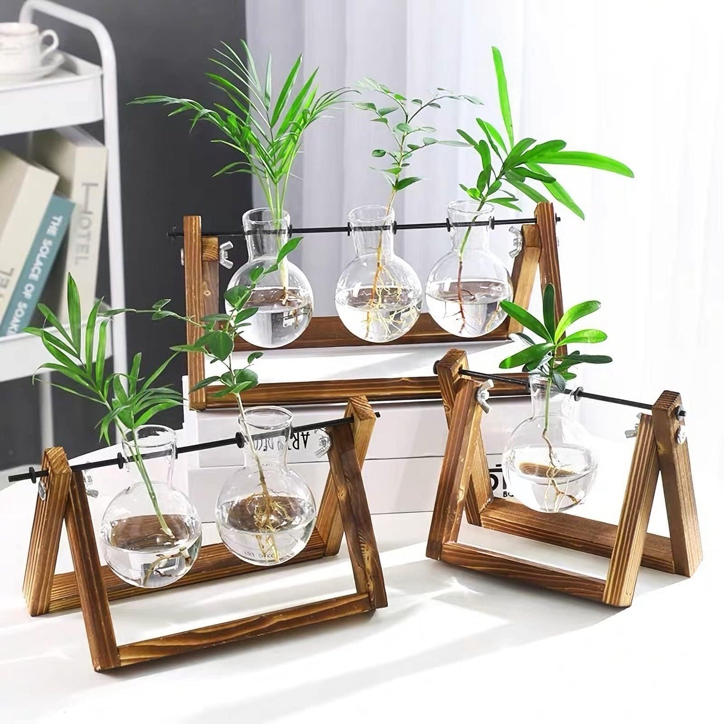 Kingbuy Plant Propagation Station, 3 Glass Bulb Vases with Wooden Stand