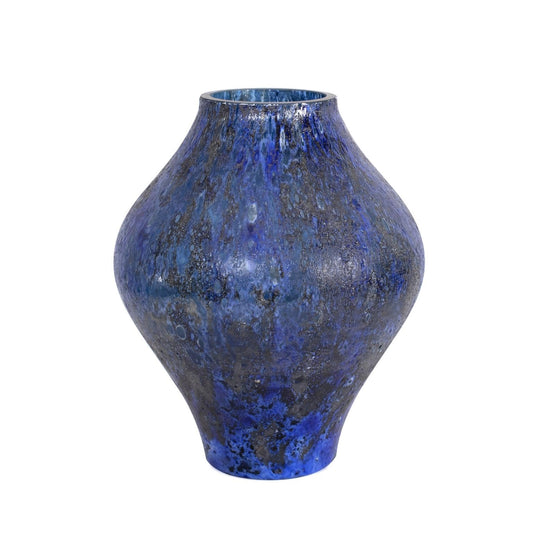 Howard Elliott Collection Zynsky Art Glass Vase, Moon Rock Textured Oval Deep Azure Blue Decorative Flower Vase for Weddings, Floral Arrangements, Living Room & Table Decor, 9.5 x 7.5 Inch