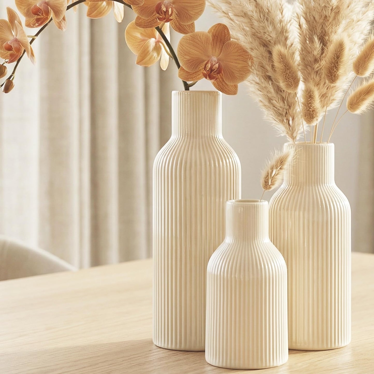 TrendEcoHome Beige Ceramic Flower Vases Set of 3, Modern Smooth Ribbed Texture, Nordic Minimalist Decor for Pampas, Dried & Fresh Flowers, Centerpiece for Living Room, Shelf, Entryway, Wedding