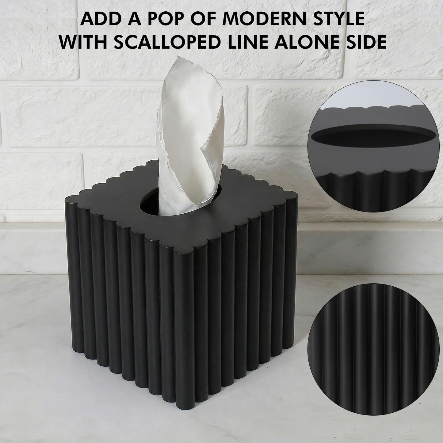 Modern Tissue Box Cover Square, Resin Stone Tissue Box Covers Holder, Decorative Marble Style Tissue Box Cover for Bathroom Kitchen Bedroom Living Room Office (Black)