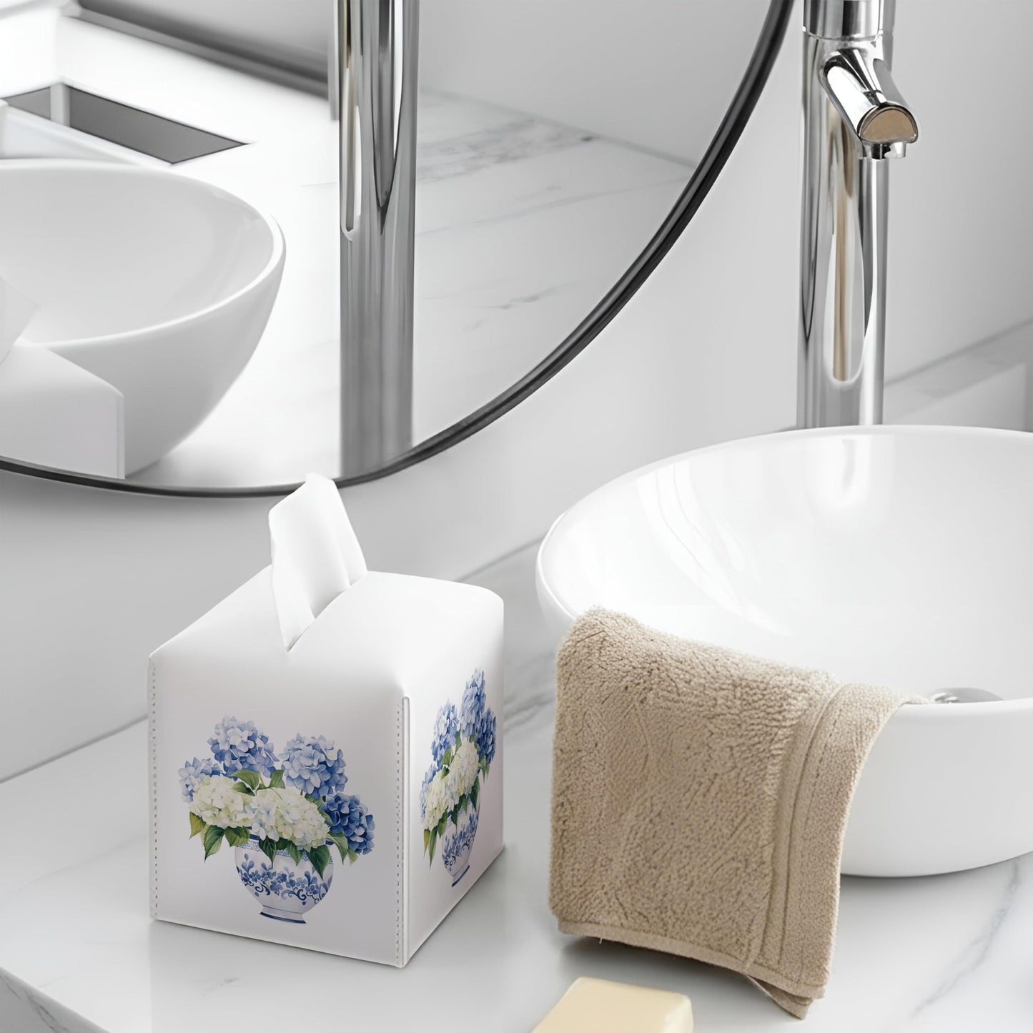 Hydrangea Tissue Box Cover — Chinoiserie Blue and White Floral Decorative Square Faux Leather Tissue Box Holder Dispenser, Hydrangea Accessories for Bathroom Car Home