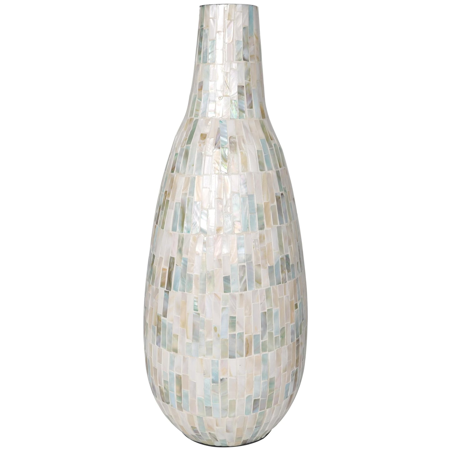Deco 79 Mother of Pearl Shell Handmade Decorative Vase Mosaic Inspired Centerpiece Vase with Pastel Blue and Pink Accents, Flower Vase for Home Decoration 8" x 9" x 21", White