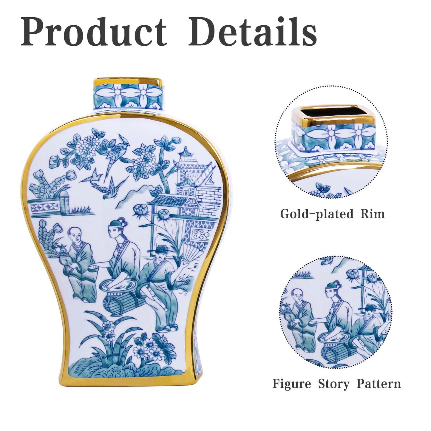 Blue and White Hand-Painted Ceramic Vase with Gold Rim - Antique Chinese Porcelain Bud Vase for Home Decor, Table Centerpieces for Living Room, Office, Entryway, Fireplace or Bookshelf