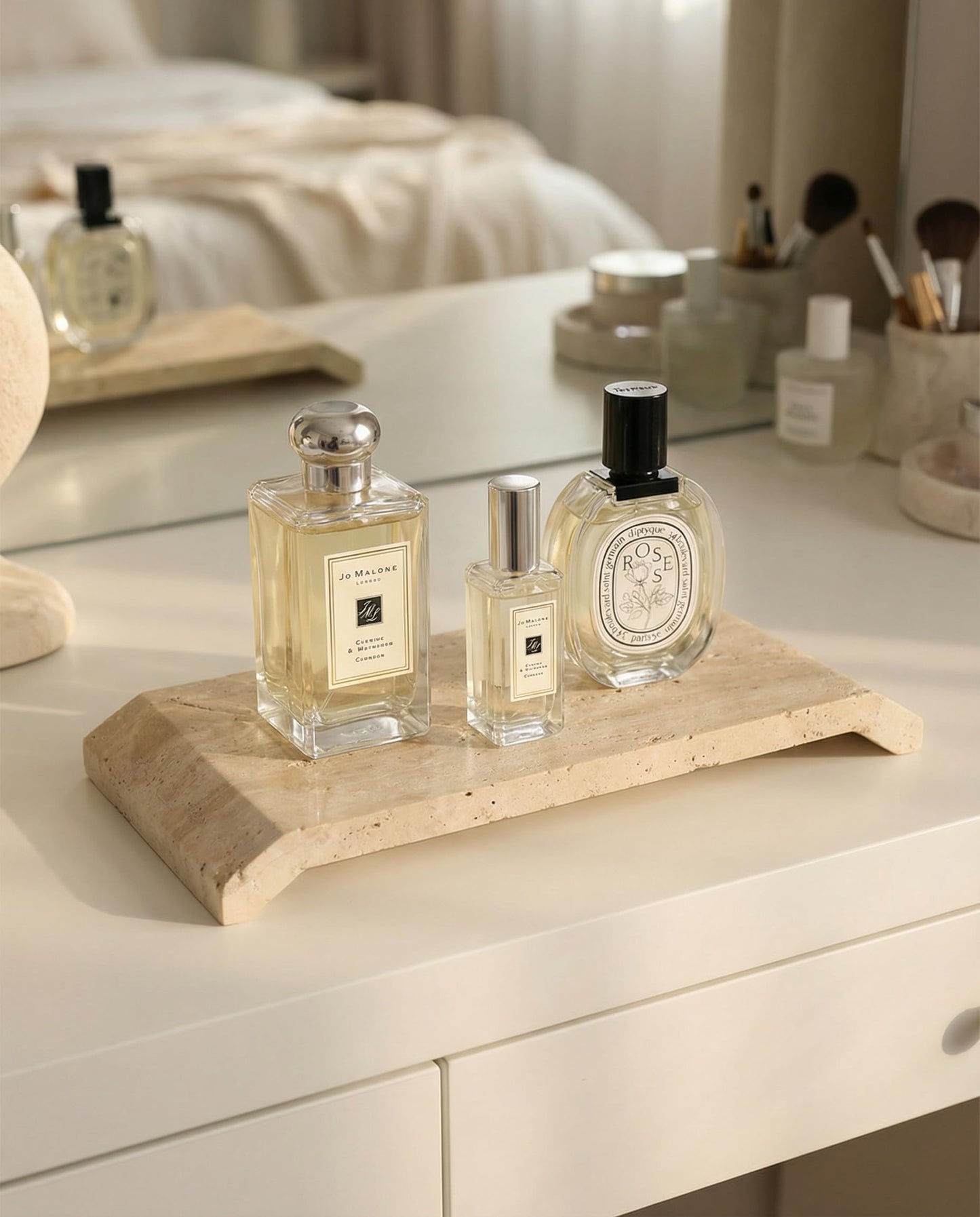 OOBOOB Natural Travertine Marble Tray, Double-Sided Bridge-Shaped Bathroom Tray, Perfume Tray, Multipurpose Perfume Organizer for Home Decor Enthusiasts