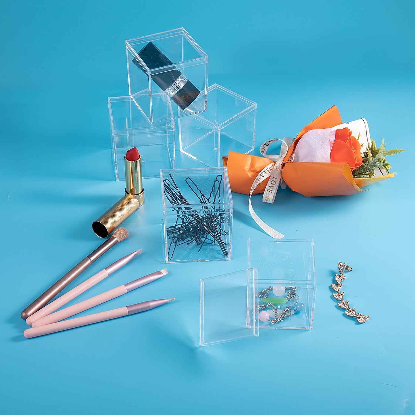 ADVcer 8 pcs Clear Acrylic Box with Lid, 2.36 inch Square Cube Small Acrylic Storage Boxes Display Case, Transparent Plastic Decorative Box Set for Jewelry Gift Toy Model Candy Mini Cake Containers