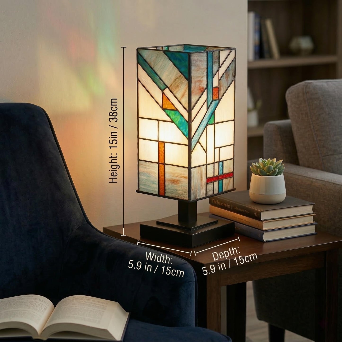 NOCTAVERA Tiffany-Style Table Lamp, Mission-Design Stained Glass