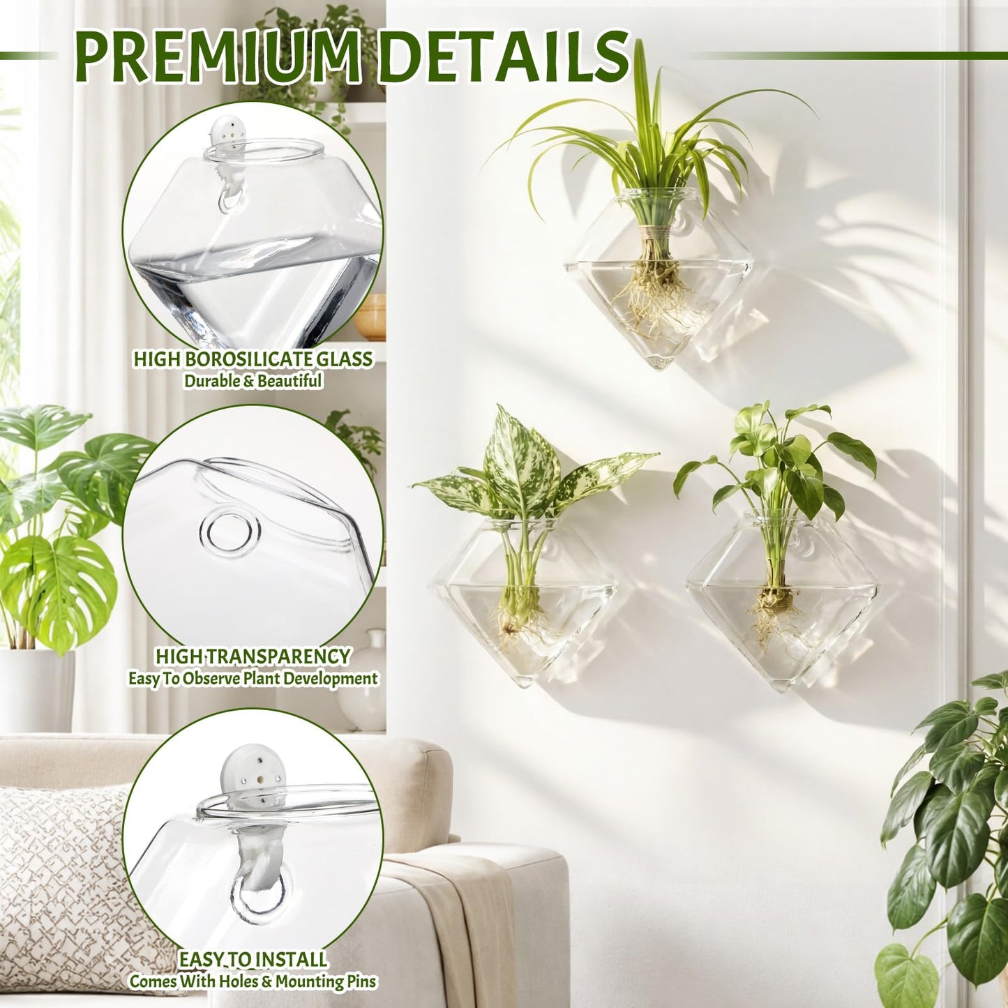 Yungyan 6 Pack Wall Mounted Glass Planter Borosilicate Glass Diamond Hanging Vase with Hidden Invisible Hook Hydroponic Plant Propagation Station Clear Wall Planter for Home Bathroom Office Decor