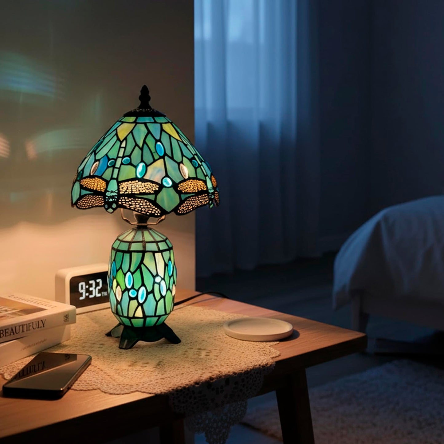 TCODTPOL Tiffany Stained Glass Table Lamp 8X14 Inches (Sea Blue Dragonfly)