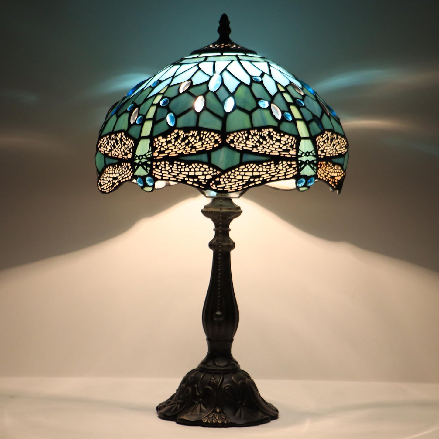 HZYFFYU Tiffany Style Stained Glass Table Lamp, Sea Blue Dragonfly