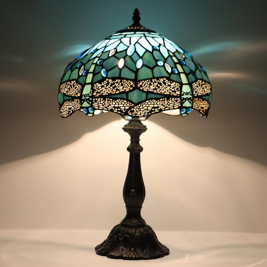 HZYFFYU Tiffany Style Stained Glass Table Lamp, Sea Blue Dragonfly
