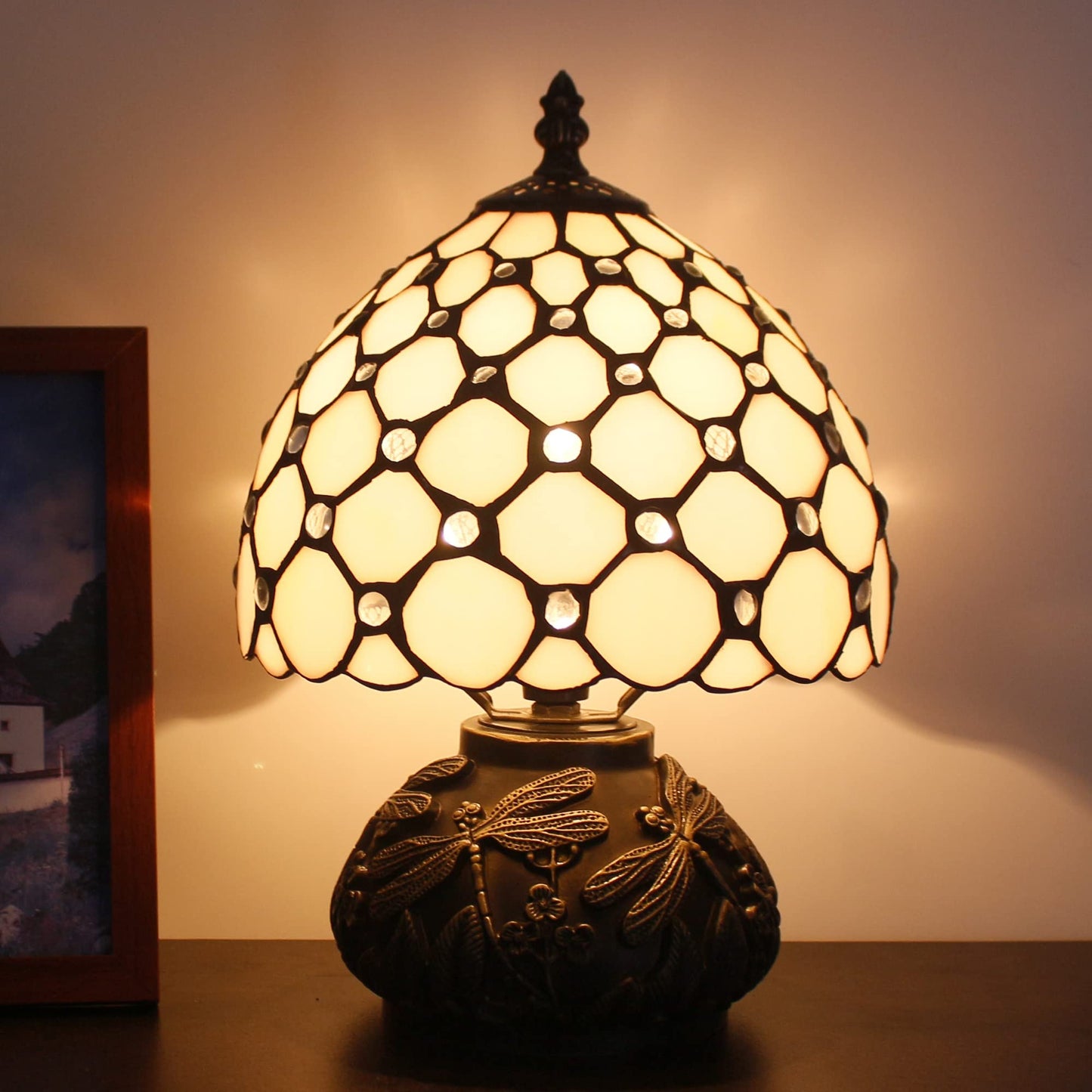 SYETL Small Tiffany Lamp Mini Stained Glass Table Lamp Cream Pearl Beads Style Mushroom Desk Light Memory Sympathy Lamp 8X11 Inch