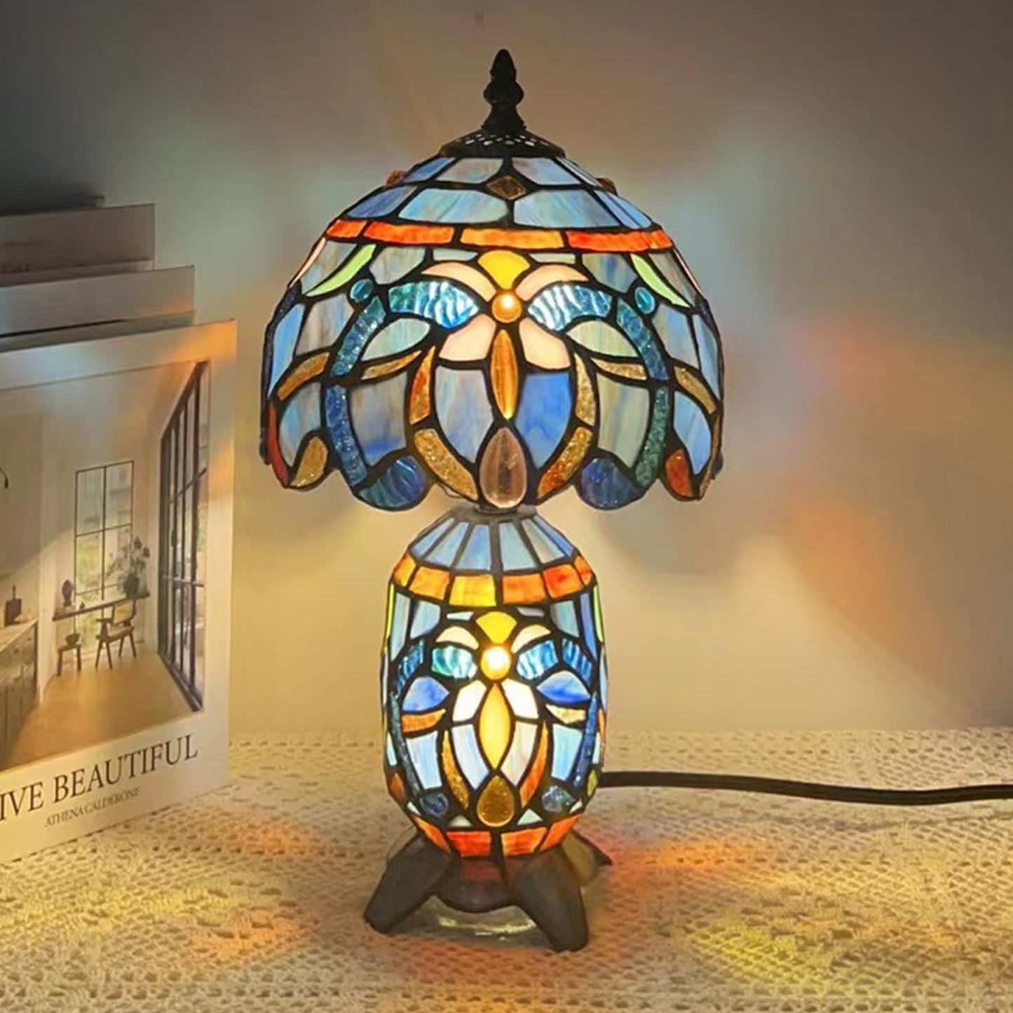 TCODTPOL Small Tiffany Stained Glass Table Lamp 8X14 Inches (Blue Purple)