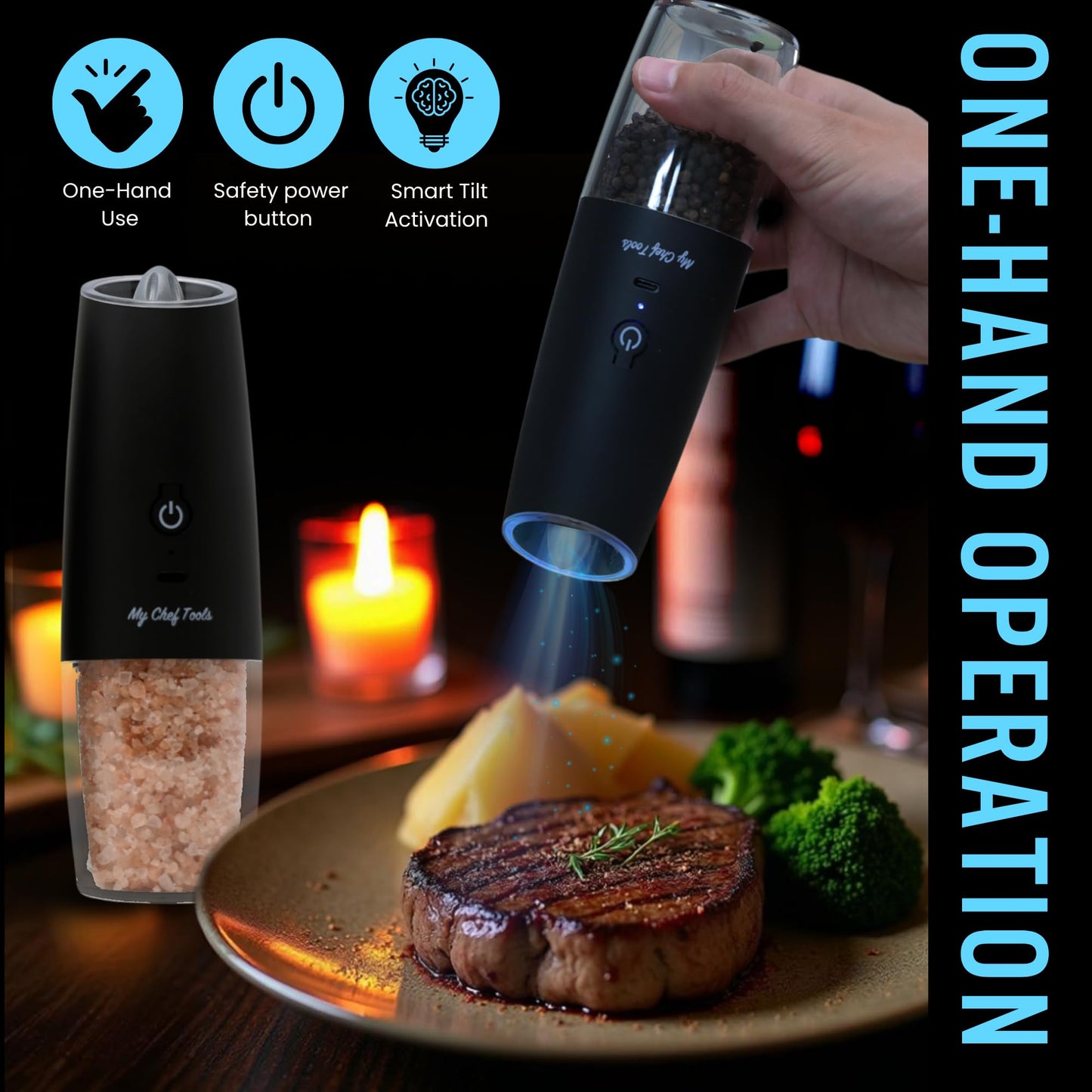 My Chef Tools - Electric Salt and Pepper Grinder Set - Rechargeable Automatic Salt Pepper Mill - USB C Charging - LED Light Illumination - Adjustable Coarseness - 2 Pack Black