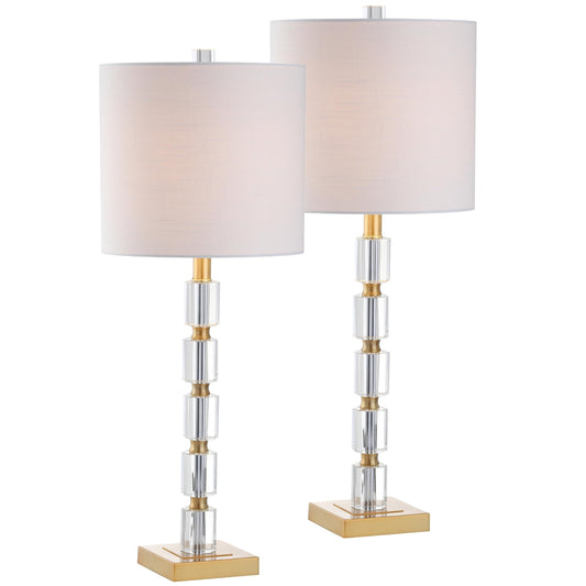 JONATHAN Y 28.5" Clear and Brass Gold Crystal Table Lamp Set of 2, Modern Glam Geometric Bedside Lamps for Living Room, White Linen Drum Shade, UL Listed, LED Bulbs Included JYL5001A-SET2