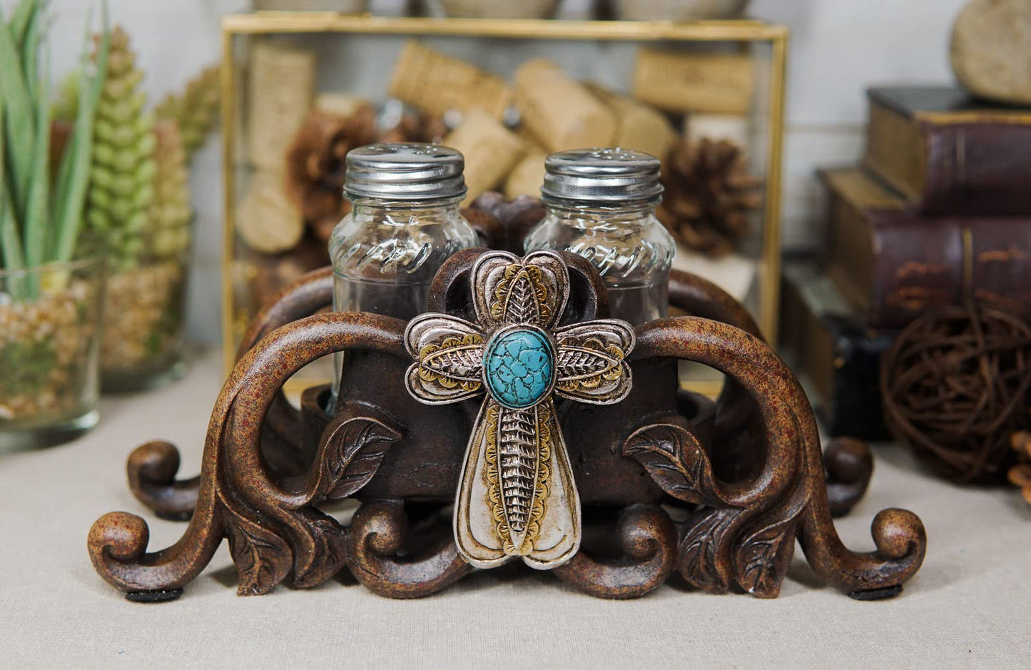 Ebros Gift Decorative Turquoise Stone Holy Cross With Faux Wood Scroll Lace Vines Salt and Pepper Shakers Set Spiritual Religious Christian Decor Inspirational Sculptures For Dining Table Bar Accent