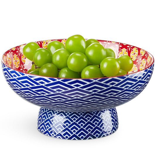 Metahom 10" Ceramic Fruit Basket, Large Pedestal Bowl with Detachable Base, Colorful Snack Bowl, Decorative Bowl for Kitchen Counter Decor, Blue Color