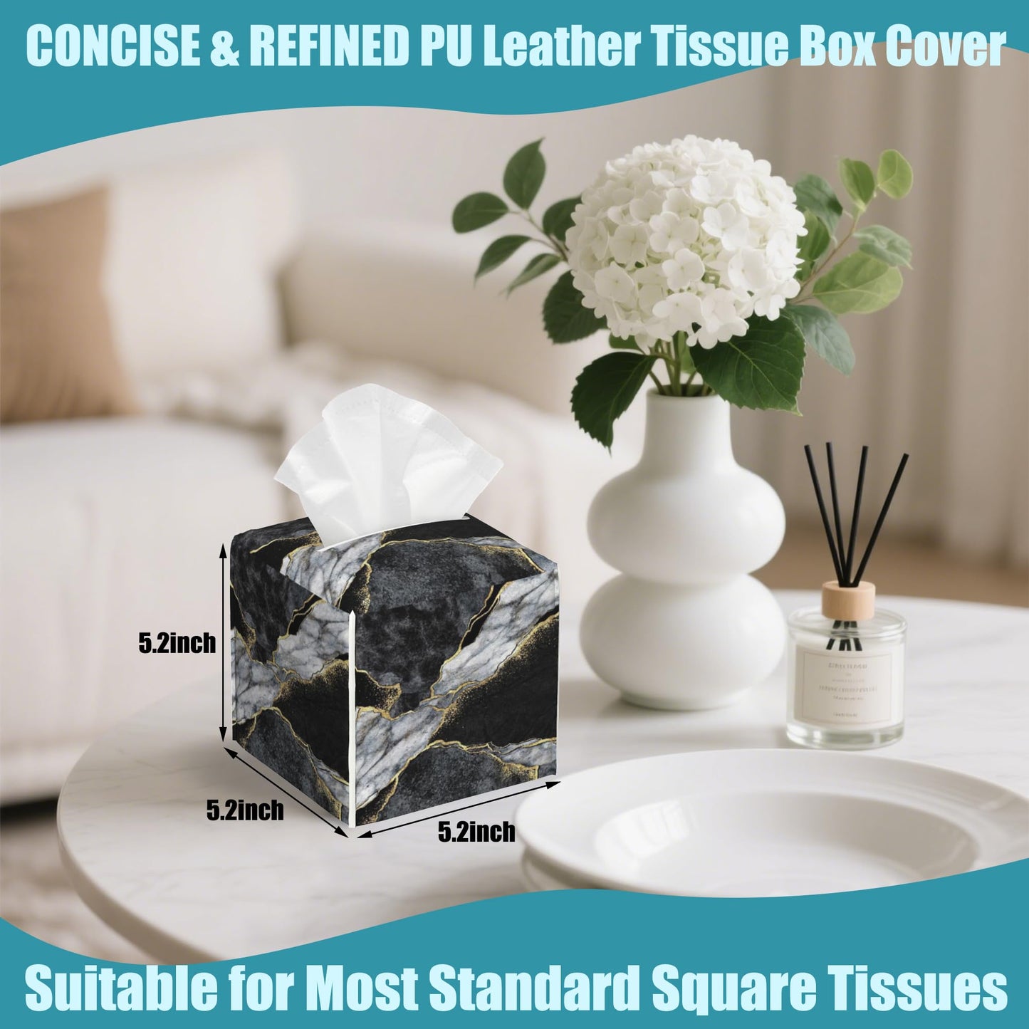 Black White Marble Tissue Box Cover Square,Golden Veins Leather Tissue Holder with Bottom Belt,Facial Paper Organizer Tissue Box Cover for Home Office Bathroom Vanity Countertop,5.2" x 5.2" x 5.2"