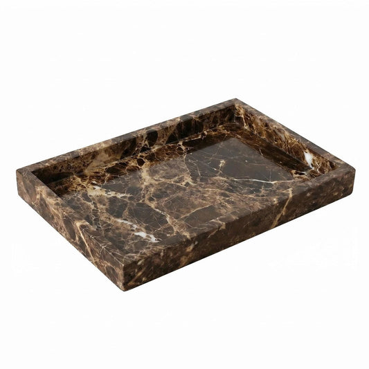 AUSAULAC Natural Marble Tray Heavyweight Stone Vanity Tray for Bathroom Countertop, Coffee Table & Dresser - Handcrafted Rectangular Organizer (Coffee Brown, 12" x 8" x 1.2")