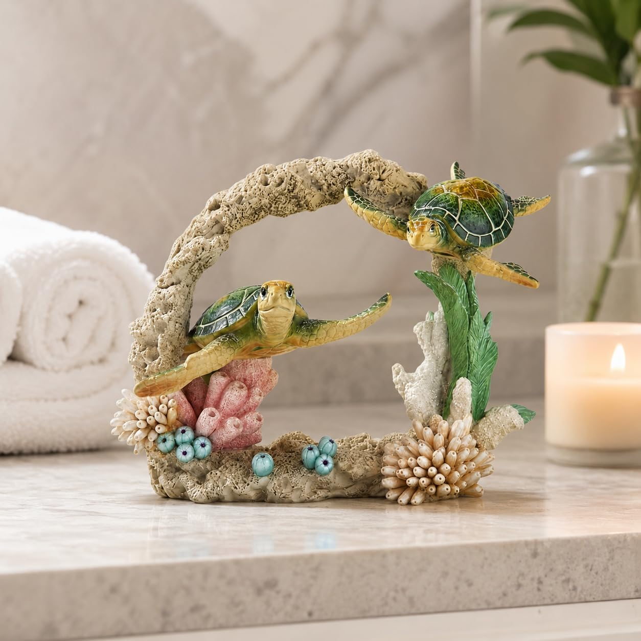Comfy Hour 9" Sea Turtle Figurine on Coral Reef, Decorative Coastal Sculpture for Home Office Desktop, Artisan Crafted Marine Animal Statue, Ocean Voyage Collection, 1 Unit