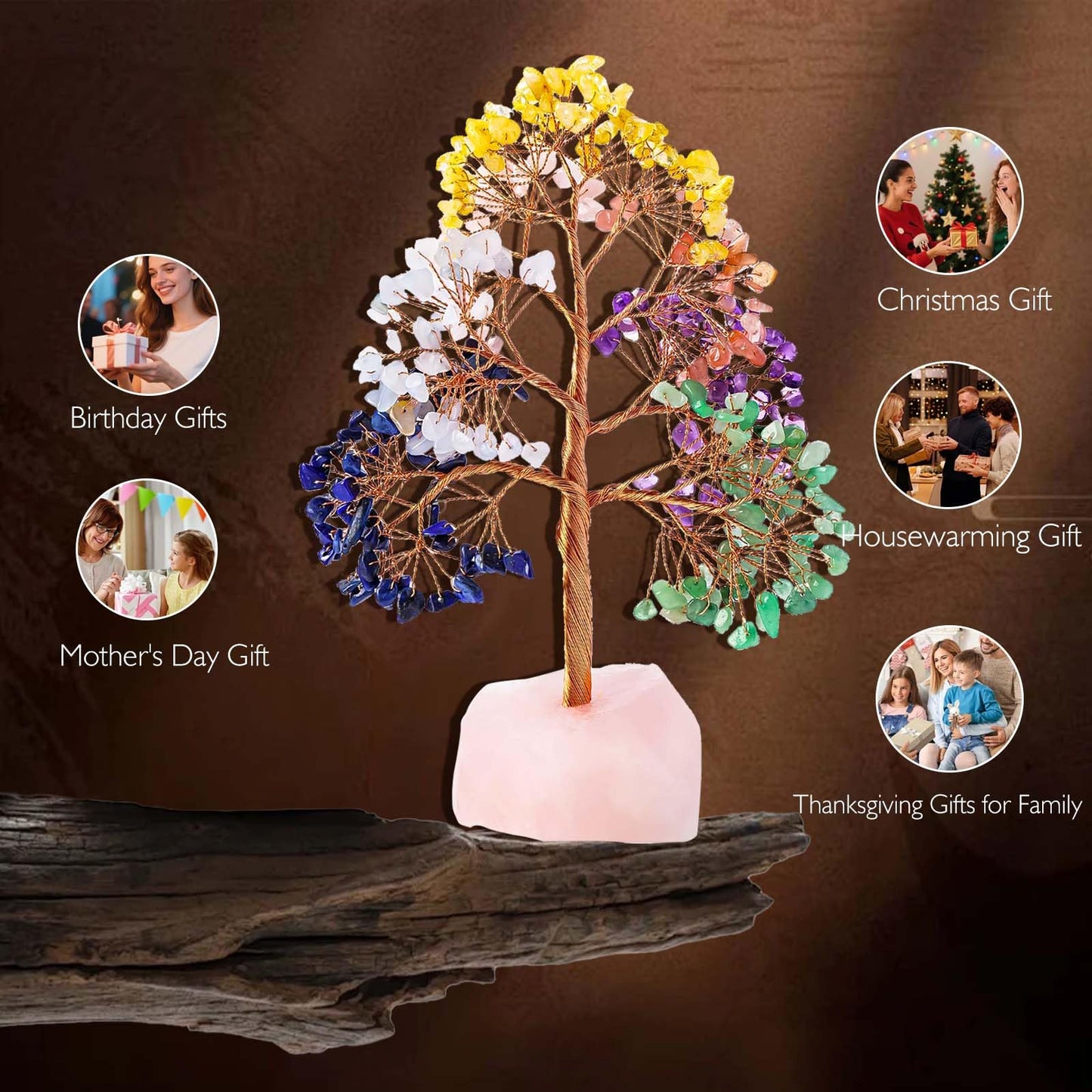 Natural Crystal Tree of Life Chakra Healing Trees Home Decor, Office Decor, Living Room Decor, Handmade Money, Good Luck Christmas Tree Birthday Gifts for Women Mom (Rose Quartz-Base)