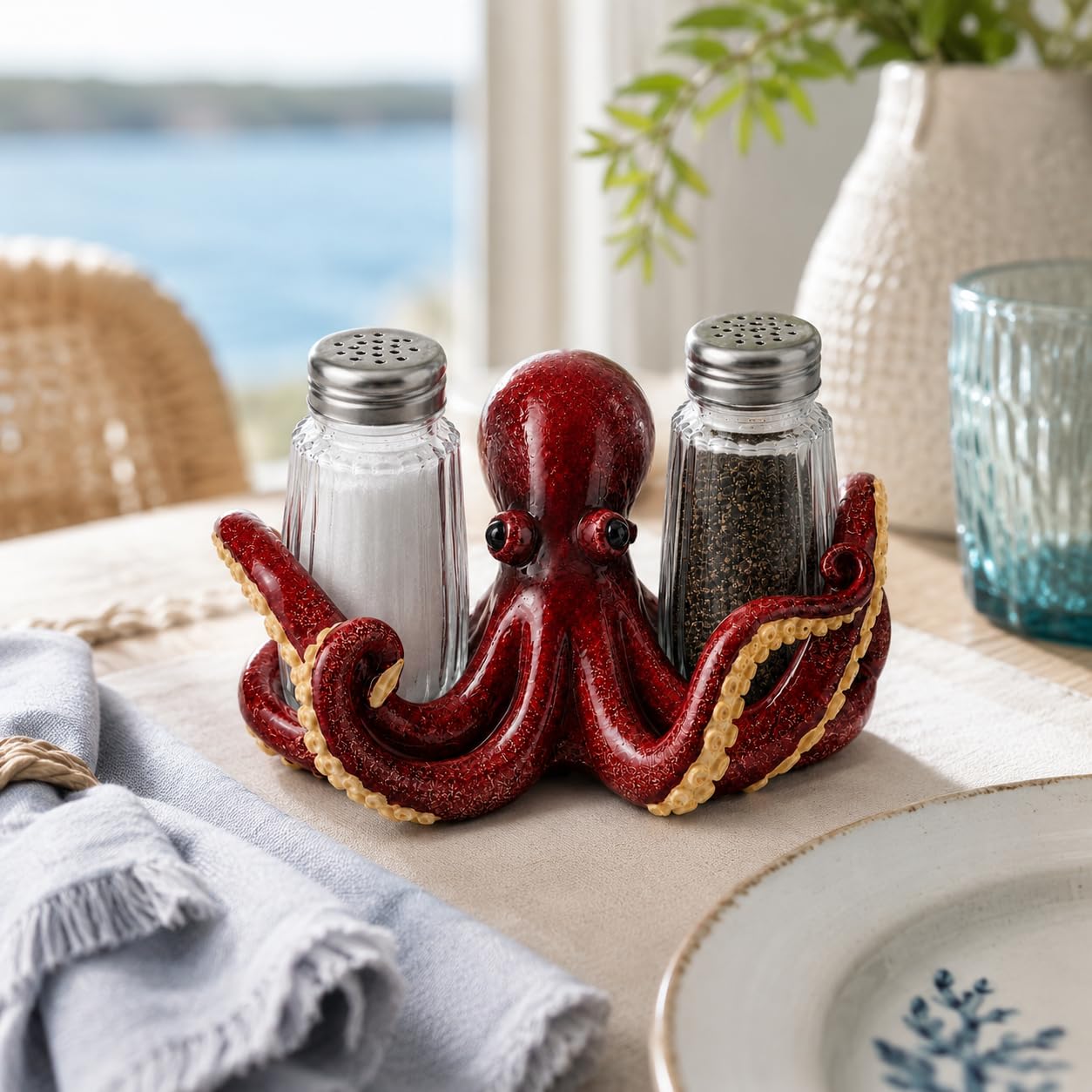 Comfy Hour 6" Red Octopus Salt and Pepper Shaker Duo (Empty Bottle Set Included), Decorative Coastal Ocean Figurine Holder for Kitchen Tabletop, Heavy Duty Resin Stone Texture, 1 Unit